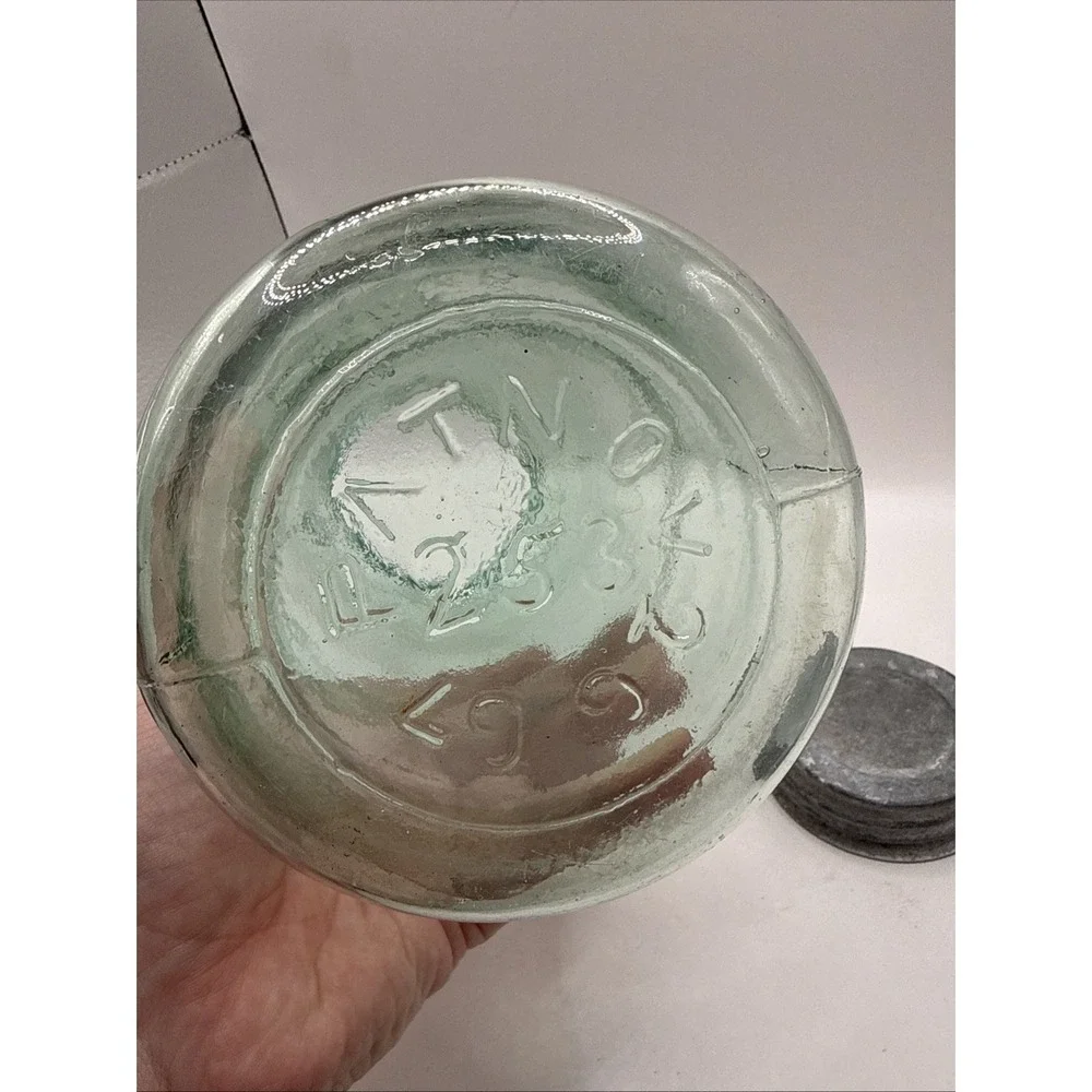 Mason's Jar Hero Cross Patent Nov 30th 1858, Aquamarine Glass, 1/2 Gal, Zinc Lid